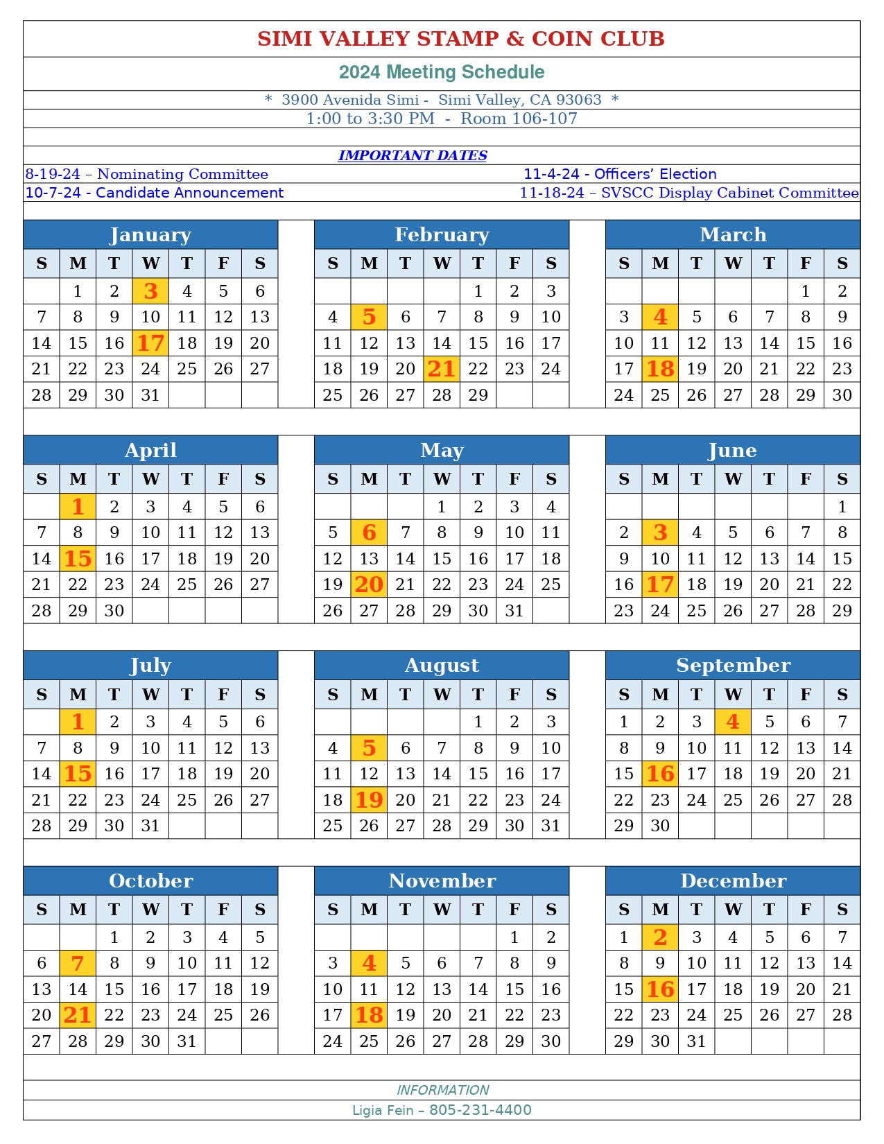 SIMI VALLEY STAMP AND COIN CLUB 2024 Meeting Calendar